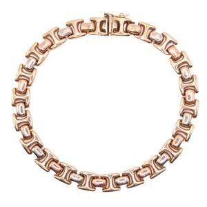 14kt Mexico Tri Gold Yellow White Rose Gold Puffed Chain Link Bracelet